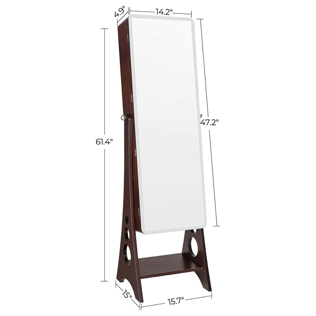 Hives and Honey Aria Free Standing Jewelry Armoire Cabinet – Lockable Full-Length Mirror with LED Lights, Velvet Storage Organizer, Walnut