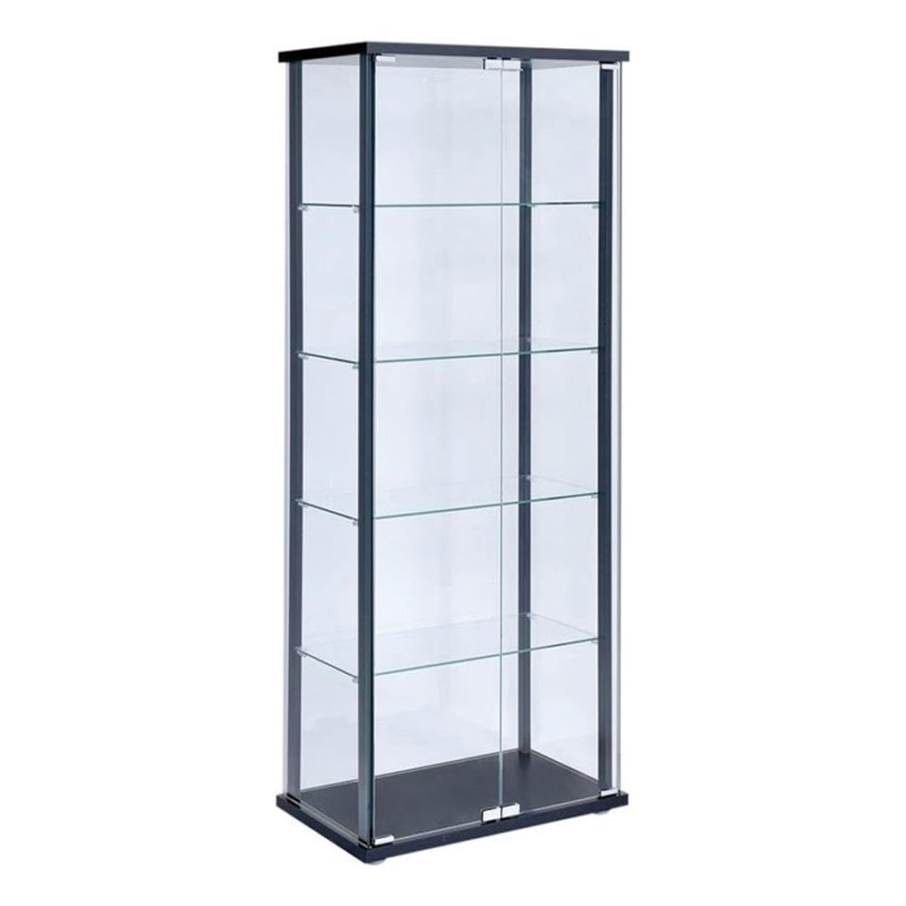 BOWERY HILL Contemporary Glass Wood Curio Cabinet, Black Finish, 5 Shelves, 64.25" H x 23.75" W x 14.5" D, Mirrored Back with Hinged Glass Door for Living Room or Dining Room Display