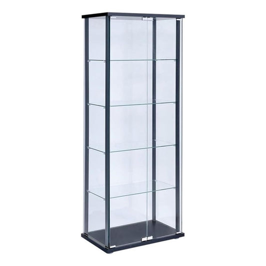 BOWERY HILL Contemporary Glass Wood Curio Cabinet, Black Finish, 5 Shelves, 64.25" H x 23.75" W x 14.5" D, Mirrored Back with Hinged Glass Door for Living Room or Dining Room Display