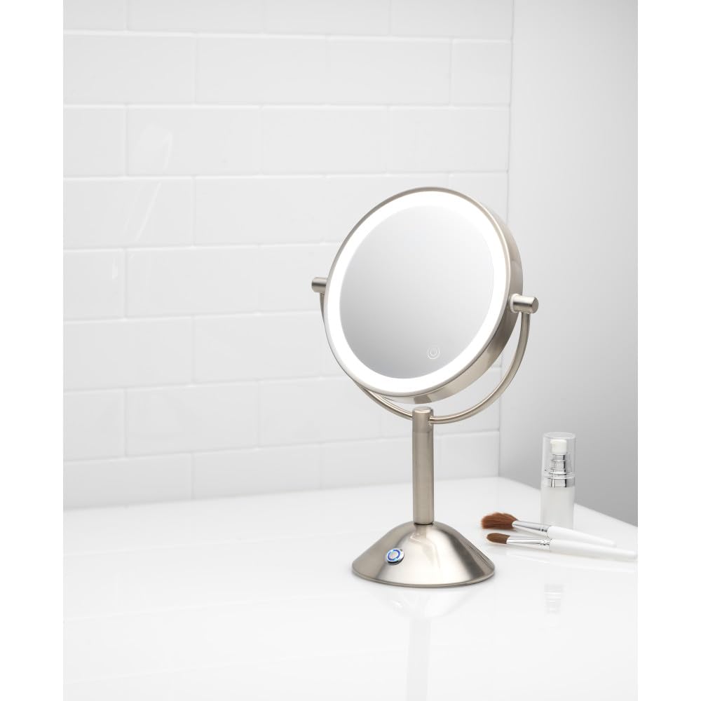 Tosca 8" LED Vanity Mirror with Lights, Brushed Nickel Tabletop Makeup Mirror, 1X/5X Dual-Sided Magnification, 3 Color Modes, Dimmable Touch Control, 1400 Lumen, CRI 90, AC Powered, Model 76-300-BN