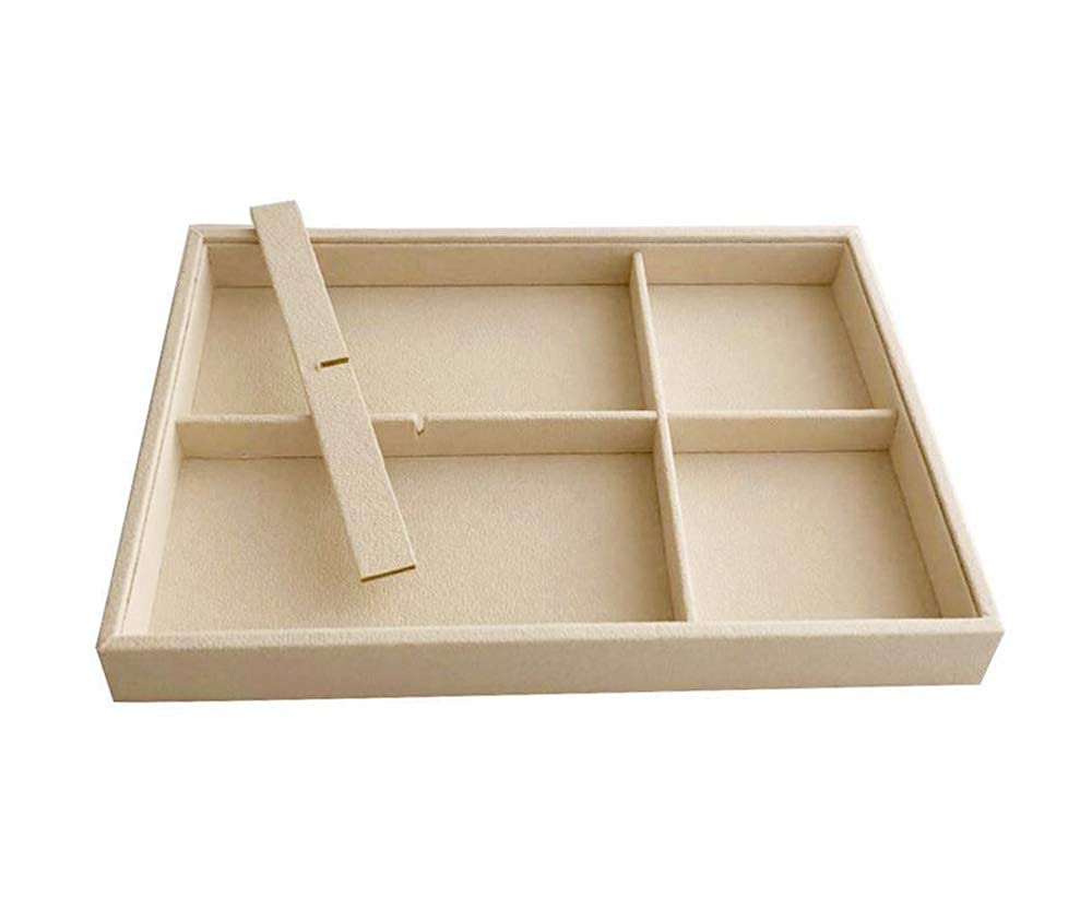 Beige Jewelry Organizer Tray 6 Compartment Medium, Stackable Display Tray for Watches Earrings Bracelets Necklaces, Removable Dividers, Slim Drawer Insert, Dressing Table Vanity Home Retail