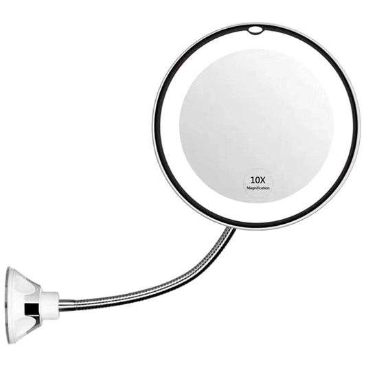 Qudinip 10X Magnifying LED Makeup Mirror with Light, Rotating Gooseneck Adjustable Wall Mounted Mirror, Foldable Travel Mirror with Suction Cup for Makeup Bathroom Vanity (White)