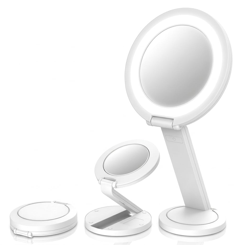 The Brighter Foldaway Vanity Mirror with 12X Magnification, Dual-Sided Rotating Foldable Design, 54 LEDs with 3 Brightness Levels, 14 Inch High Extendable