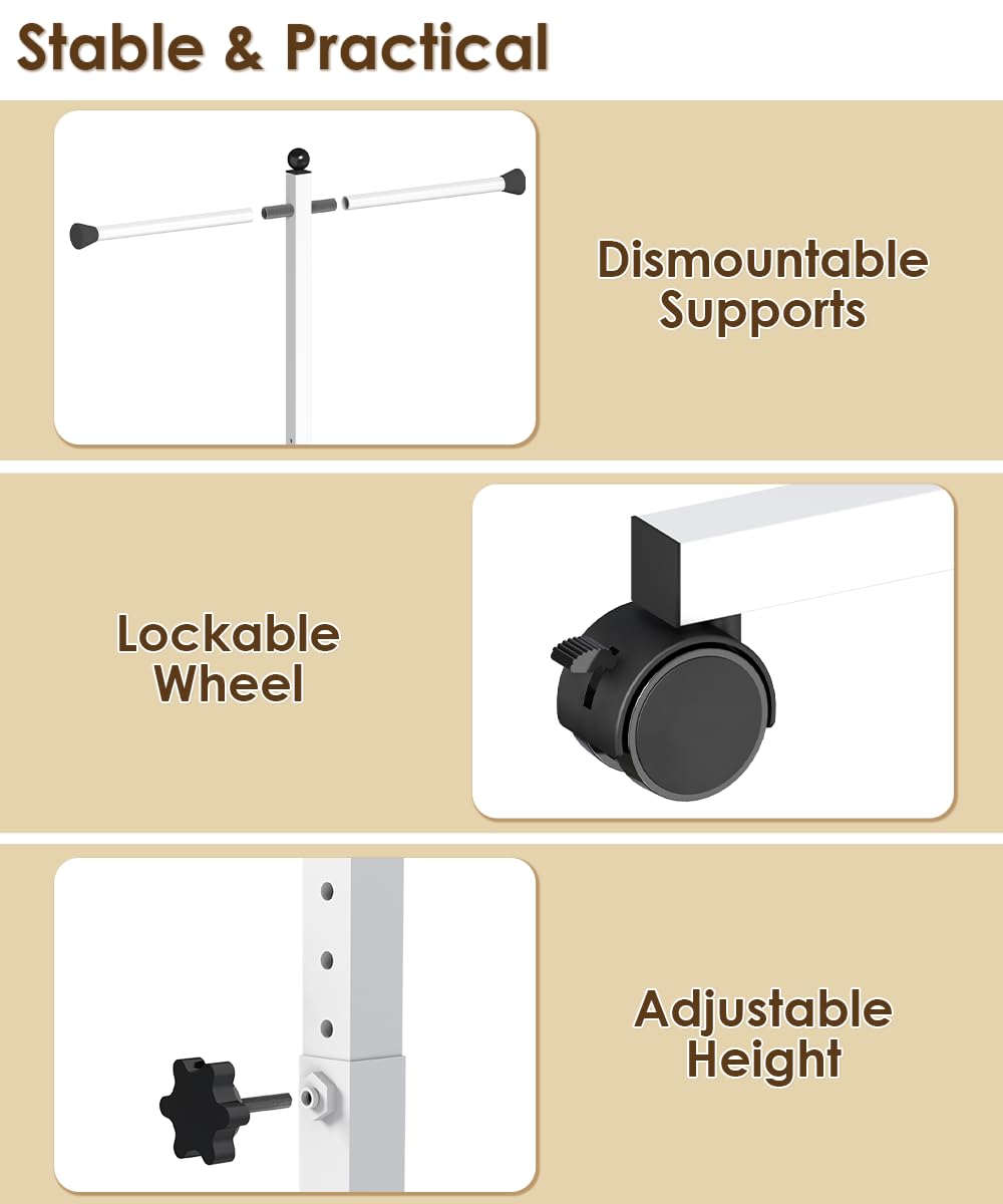 Ansionsol 60-66 Inch Adjustable Shopping Bag Rack with Wheel, Heavy Duty Metal T-shaped Grocery Bag Holder for Retail Stores, Large Bag Display Stand for Malls,Vendor,Boutique,Trade Show, 6 Arms,White