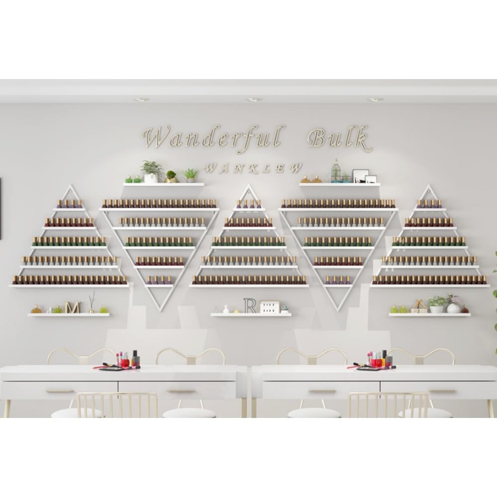 BANEBONE Elegant Wall Mounted Nail Polish Storage Rack Set of 10 Triangular Cosmetic Display Shelves for Essential Oil Bottles, Organize Your Lipsticks and Perfumes in Style at Home or Salon (White)