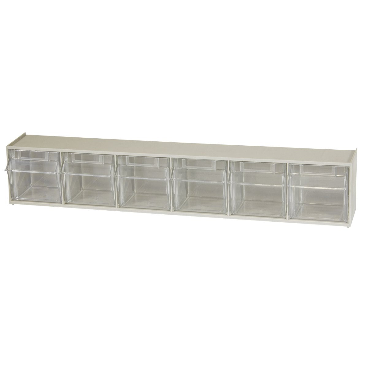 Akro-Mils TiltView Plastic Storage Cabinet with 6 Tilt Out Bins, Horizontal Organizer, Teacher Toolbox, and Office Supply Organizer, 23-5/8" W x 3-1/2" H x 3-3/4" D, Stone