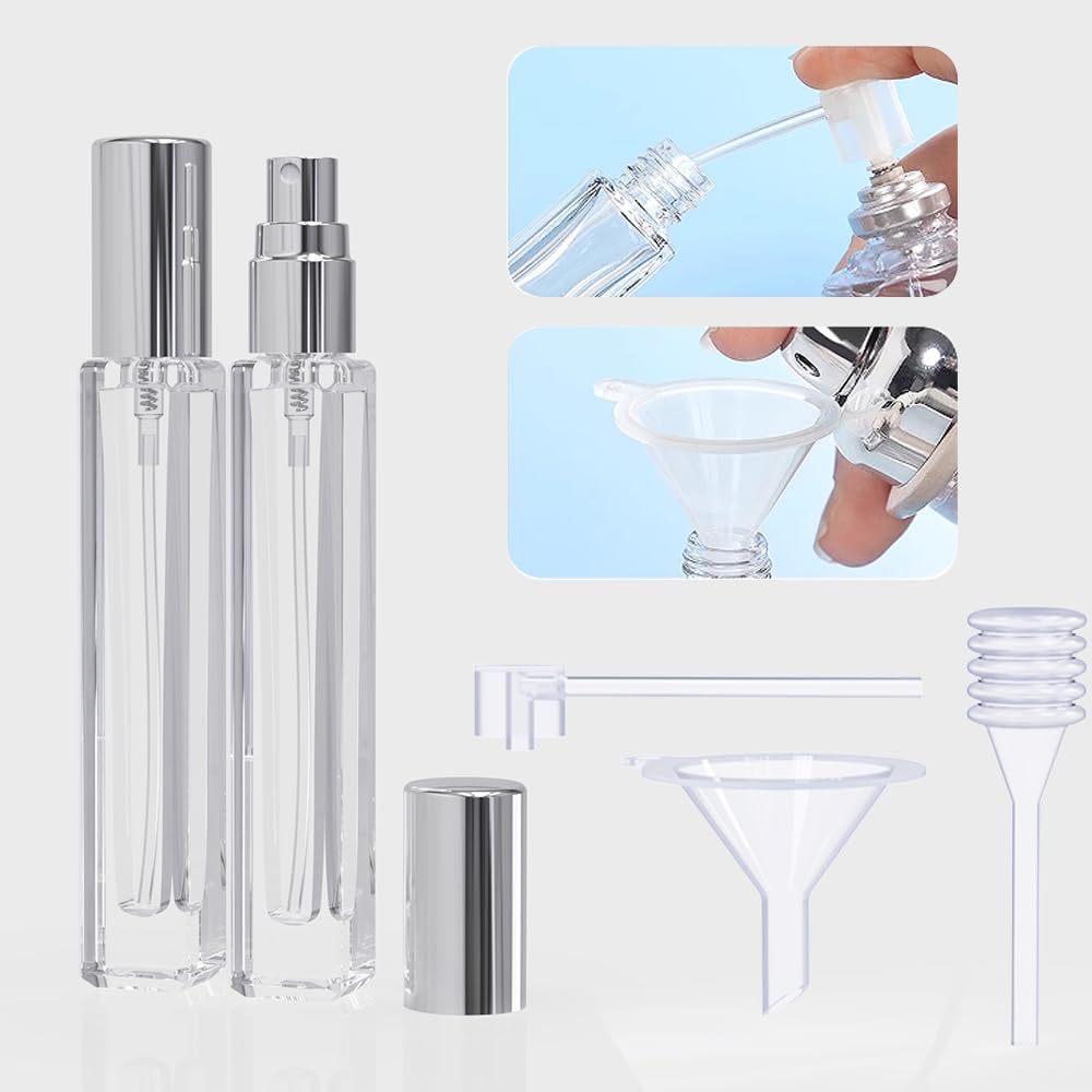 Seafulee 5PCS Cologne Atomizer Empty, 10ML Mini Perfume Bottles Refillable With Dispenser Tools, Pocket Spray Bottle for Travel and Sample Container (Transparent+Silvery Cap)
