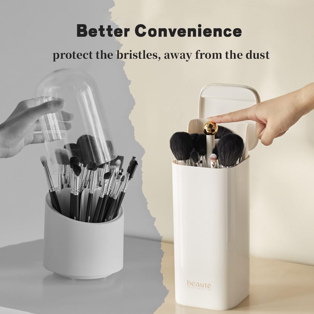 Esdallina Automatic Lifting Makeup Brush Holder with Lid Dustproof Cosmetic Organizers for Vanity-White
