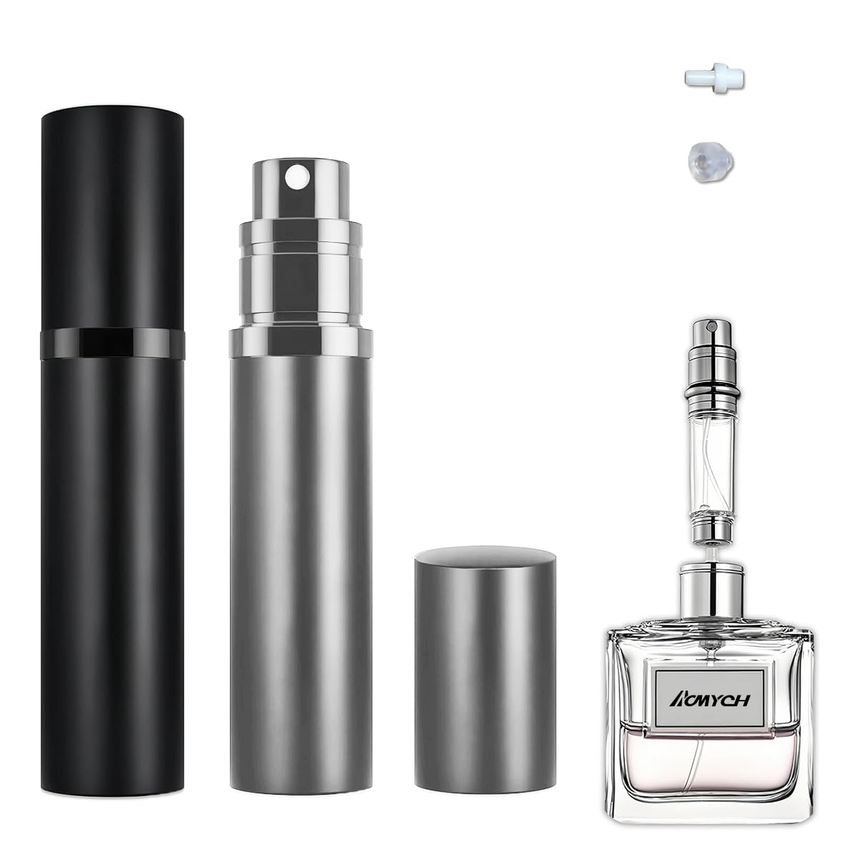 ACMYCH 2PCS Perfume Travel Refillable Bottle, Bottom-Filling Fragrances Perfume Atomizer, Empty Mini Cologne Dispenser, Portable Sprayer Pocket Size for On the Go 5ml (Black & Gray)