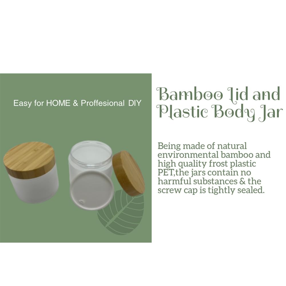 BEECO GIF2U Empty Bamboo Lid Jar 16oz/500g,Refilable Plastic Round Cosmetic Containers for Powder,Body Butter,Cream,Lotion,Wide Mouth Makeup Sample Storage Pot Dispenser(Frost)