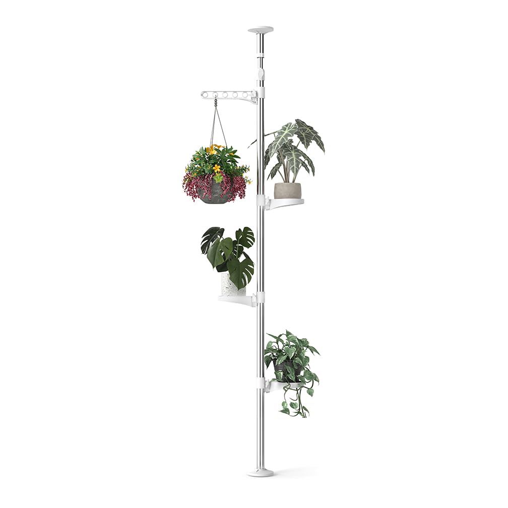 Hershii 4-Tier Indoor Plant Stand Tension Pole Corner Standing Shelf Adjustable Stands for Flower Pots Windowsill Bathroom Vanity Display Rack - Ivory