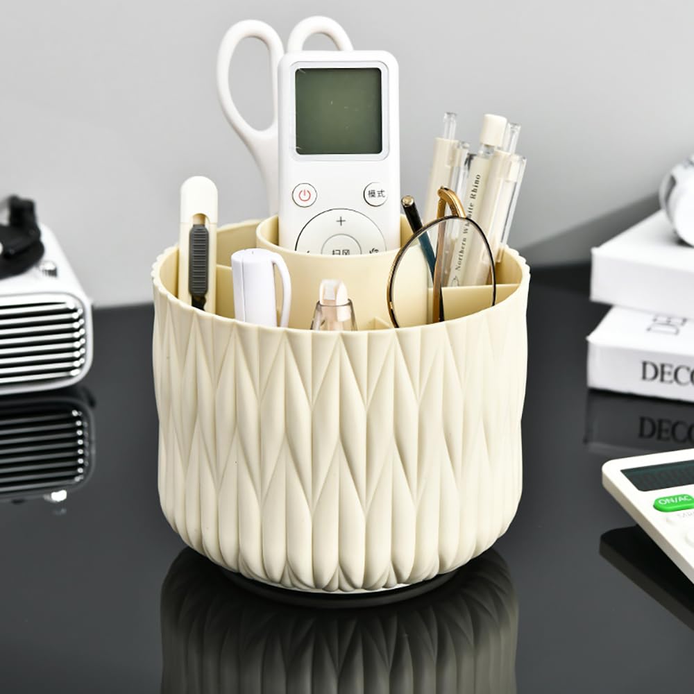 Yoohailor Rotating Makeup Brush Holder - Beige 5 Slot 360° Spinning Organizer for Vanity Desk, Cute Aesthetic Storage for Women, Multi-purpose Pen Pencil Caddy for Office Home Art Supplies