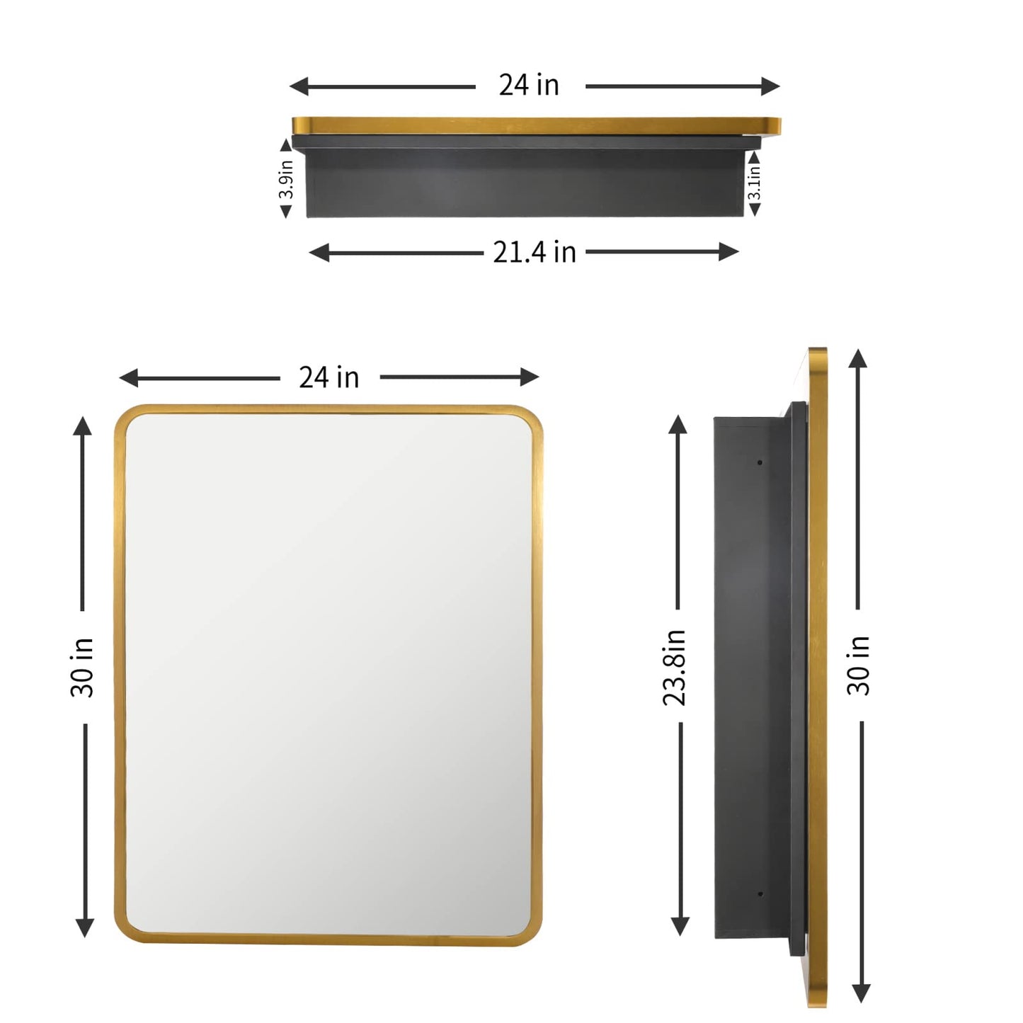 Movo Gold Metal Framed 24 Inch x 30 Inch Bathroom Medicine Cabinet with Mirror Aluminum Farmhouse Vanity Mirrors Recess or Surface Mount Installation