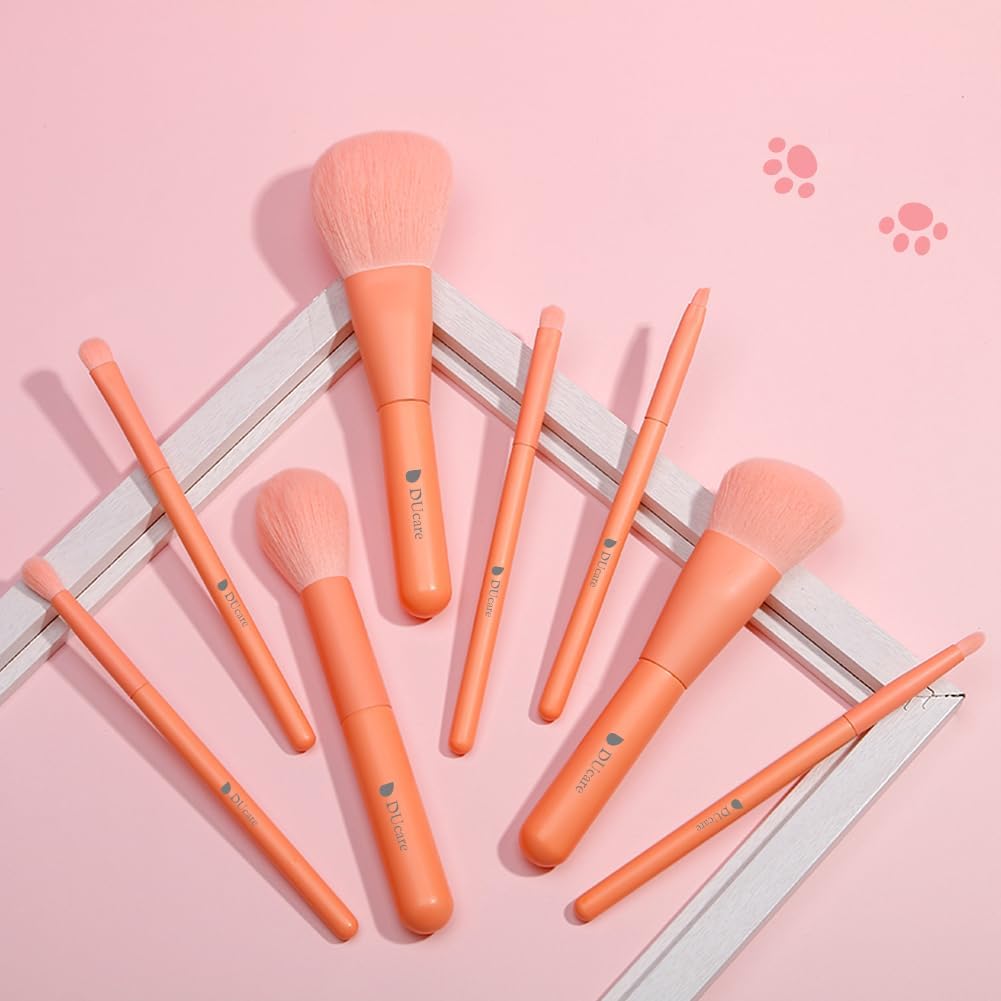 DUcare 8pcs Makeup Brushes, Professional Sunrise Orange Brushes Set with Case, Synthetic Fiber Vegan Brushes with Travel Storage Bag for Foundation Blush Contour Eyeshadow Blending Detailing