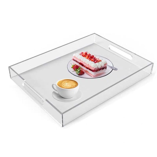 Sturdy 16" Acrylic Serving Tray with Handles - Ottoman Coffee Table Organizer for Food, Tea, Snacks, Vanity & Kitchen Countertop - Multi-Use for Bathroom, Living Room, Bar Parties (Transparent)