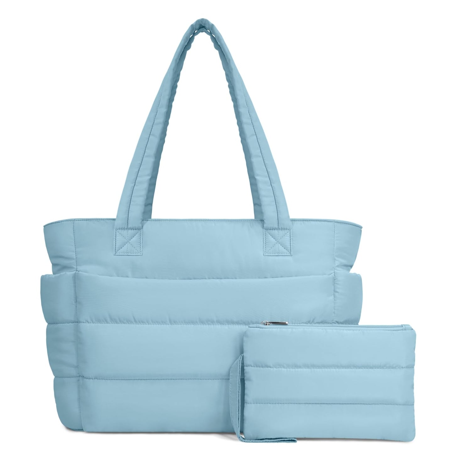 TOPDesign Puffer Tote Bag for Women, Lightweight Puffy Handbag with Compartments & Cosmetic Bag, Quilted Shoulder Bags for Work, Travel, Gym, Gifting (M Blue Grey)