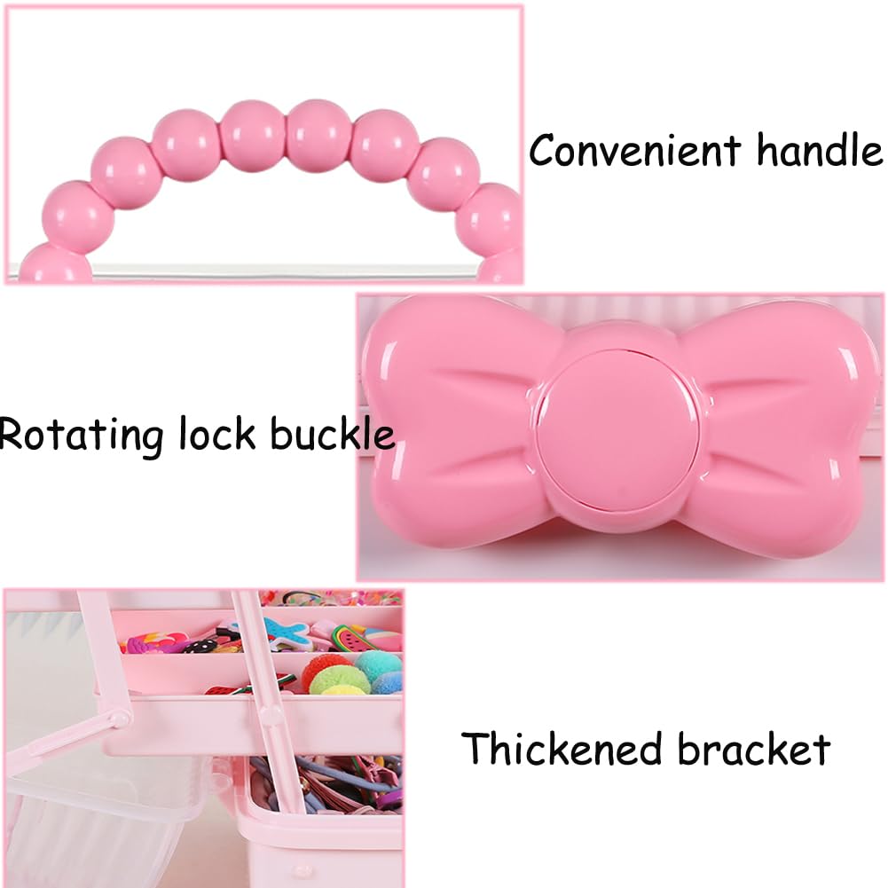 Huniupore Hair Accessories Organizer for Girls Headbands, Clips, Ties Baby Girl Supplies, Lockable Three-layer Folding Craft Organizers and Storage Plastic Jewelry Box,10.8 * 5.9 * 5.7in (Pink)