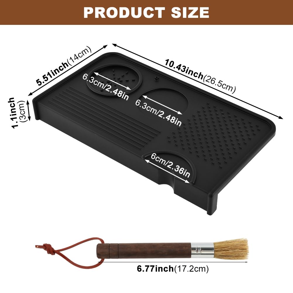 Espresso Tamping Mat and Coffee Brush Set, Non-Slip Silicone Coffee Tamper Mat Tamping Station for Home Kitchen Coffee' Bar, Barista Espresso Machine Acceessories(COLOR:Black)