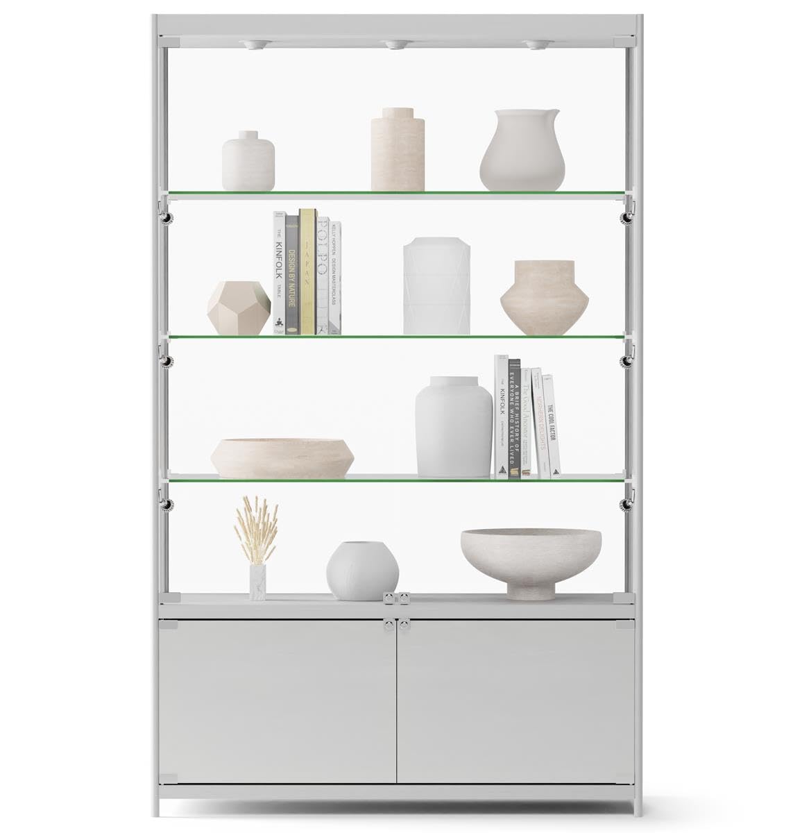 Displays2Go 48" Retail Glass Display Case with LED Lights, Lockable Showcase Cabinet with Storage & Aluminum Frame – Silver (LESC4816SB)