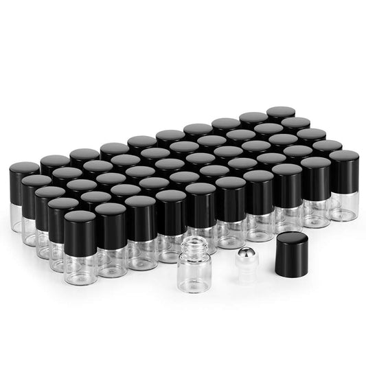 50 Pack 1ml Clear Glass Sample Vials For Essential Oils,Empty Glass Roller Bottle With Stainless Steel Roller Ball 1/4 Dram Glass Vials Perfume Roll On container-Funnel,Opener,Dropper Included