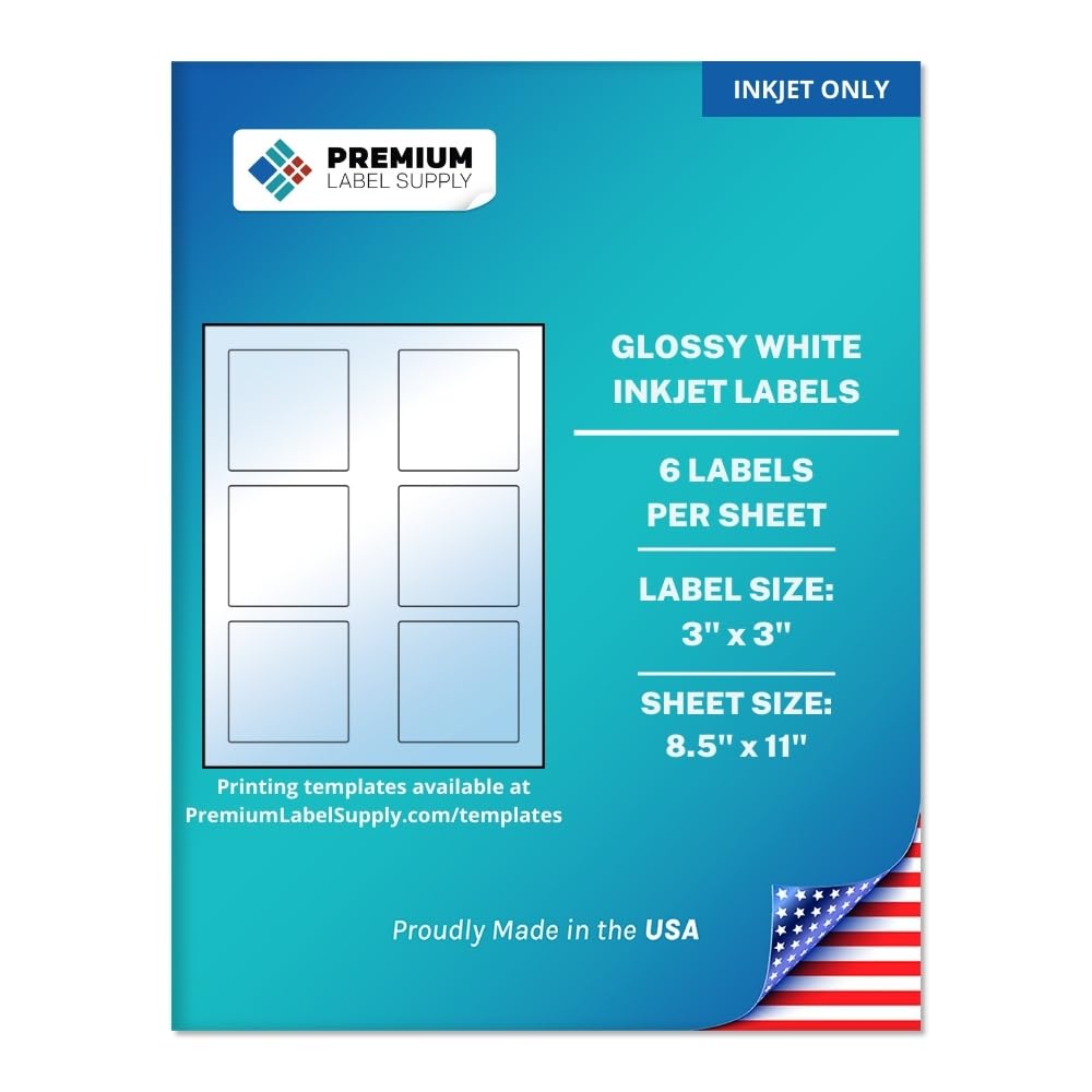 Premium Label Supply Glossy White Square Sticker Labels – 3" x 3" – (6 per Sheet) (Glossy White for Inkjet Only, 60 Labels)
