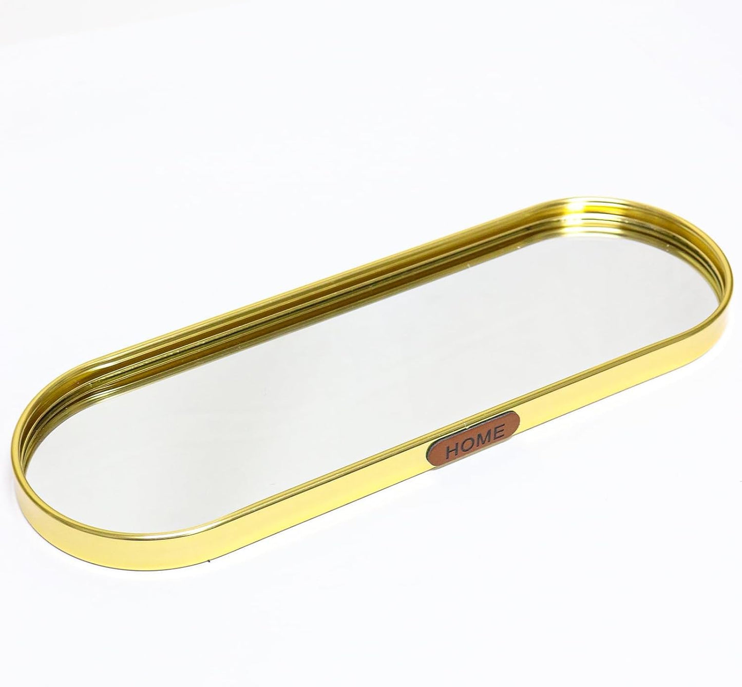 SEMSOIIO Gold Mirrored Vanity Tray, Small Oval Stainless Steel Perfume Organizer, Decorative Glass Mirror Tray for Jewelry, Makeup, Skincare, Bathroom Countertop & Nightstand Decor (11.8" x 3.9")