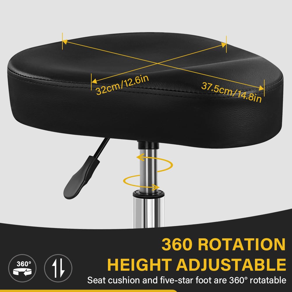 WKWKER Saddle Stool Height Adjustable Rolling Stool with Wheels 360 Swivel Drafting Chair PU Leather Saddle seat for Home Office Lab Drafting Counter Kitchen Salon Barber Shop Vanity Desk (Black)
