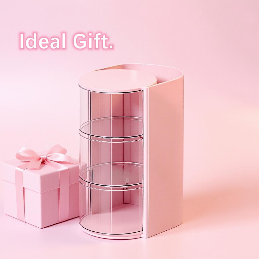 AISIBO 3-Tier Clear Hair Accessories Organizer with Hair Brush Holder, Rotatable Small Jewelry Storage Box for Necklaces, Earring, Ring, Bracelet, Makeup Sponge, Hair Bow Clip (Pink, 3-Layer)