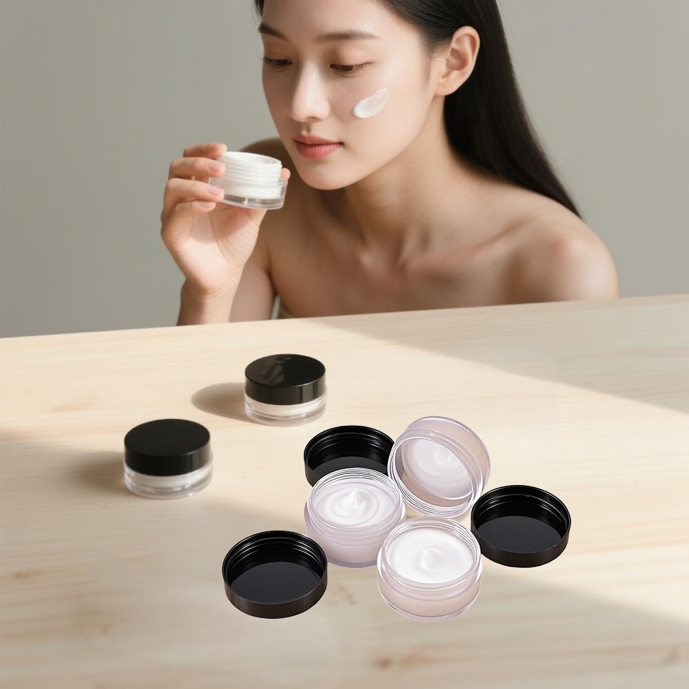 KOHAND 150 Pieces 10 Gram Plastic Cosmetic Sample Containers Jars with Black Lids, BPA Free, Small Lip Balm Containers, Clear Empty Lip Scrub Container for Creams and Lotions