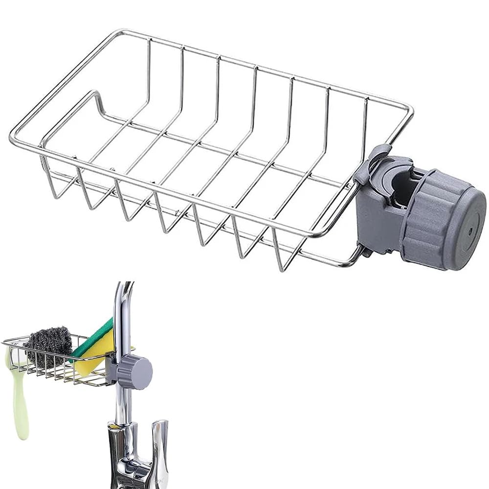 LONIN Stainless Steel Kitchen Sink Organizer Caddy – Over Faucet Sponge & Brush Holder, Rust-Resistant, Adjustable Universal Fit Faucet Rack, Quick Drain Sink Space Saver