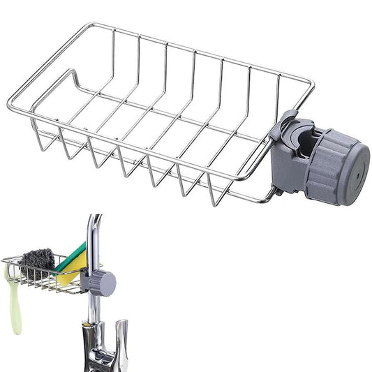 LONIN Stainless Steel Kitchen Sink Organizer Caddy – Over Faucet Sponge & Brush Holder, Rust-Resistant, Adjustable Universal Fit Faucet Rack, Quick Drain Sink Space Saver