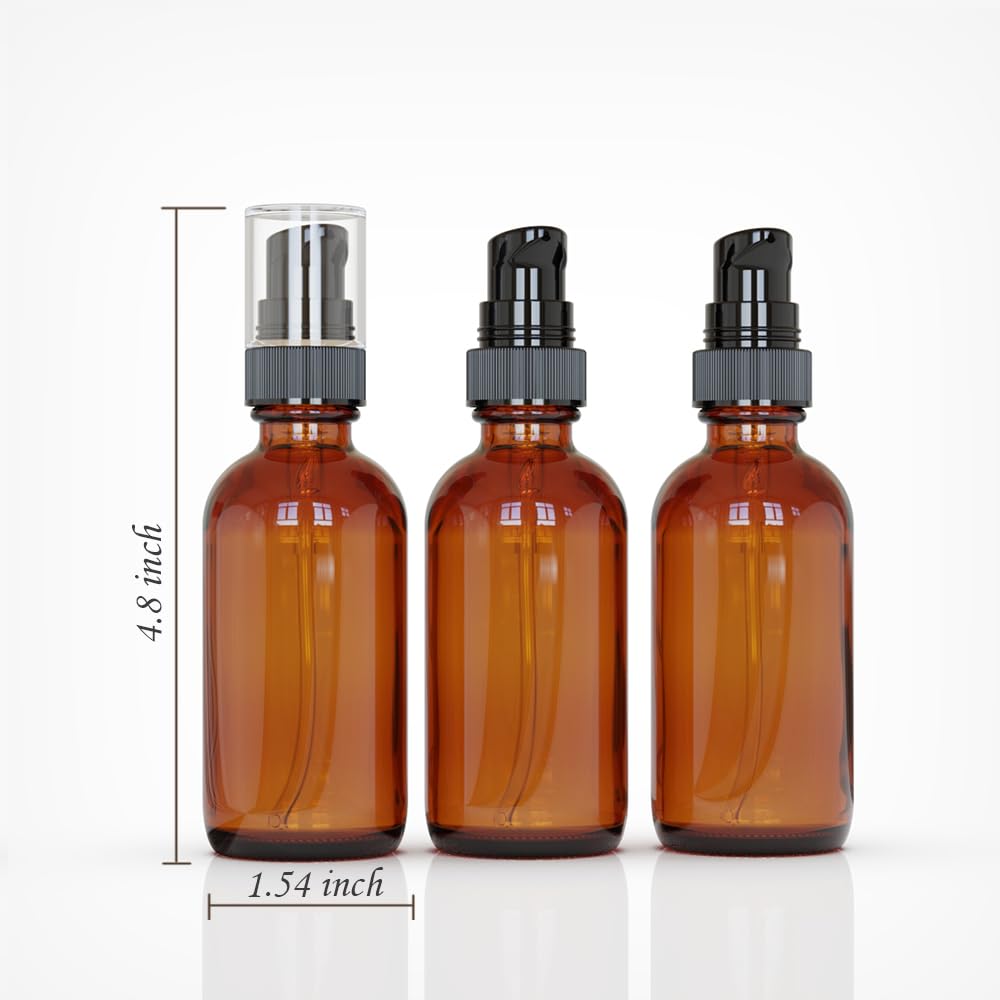 Jagolain 12Pack 2oz Amber Glass Pump Bottles, 60ml with Black Pump, Empty Refillable Travel Small Container For Lotion Cream Essentil Oil Shampoo (2oz)