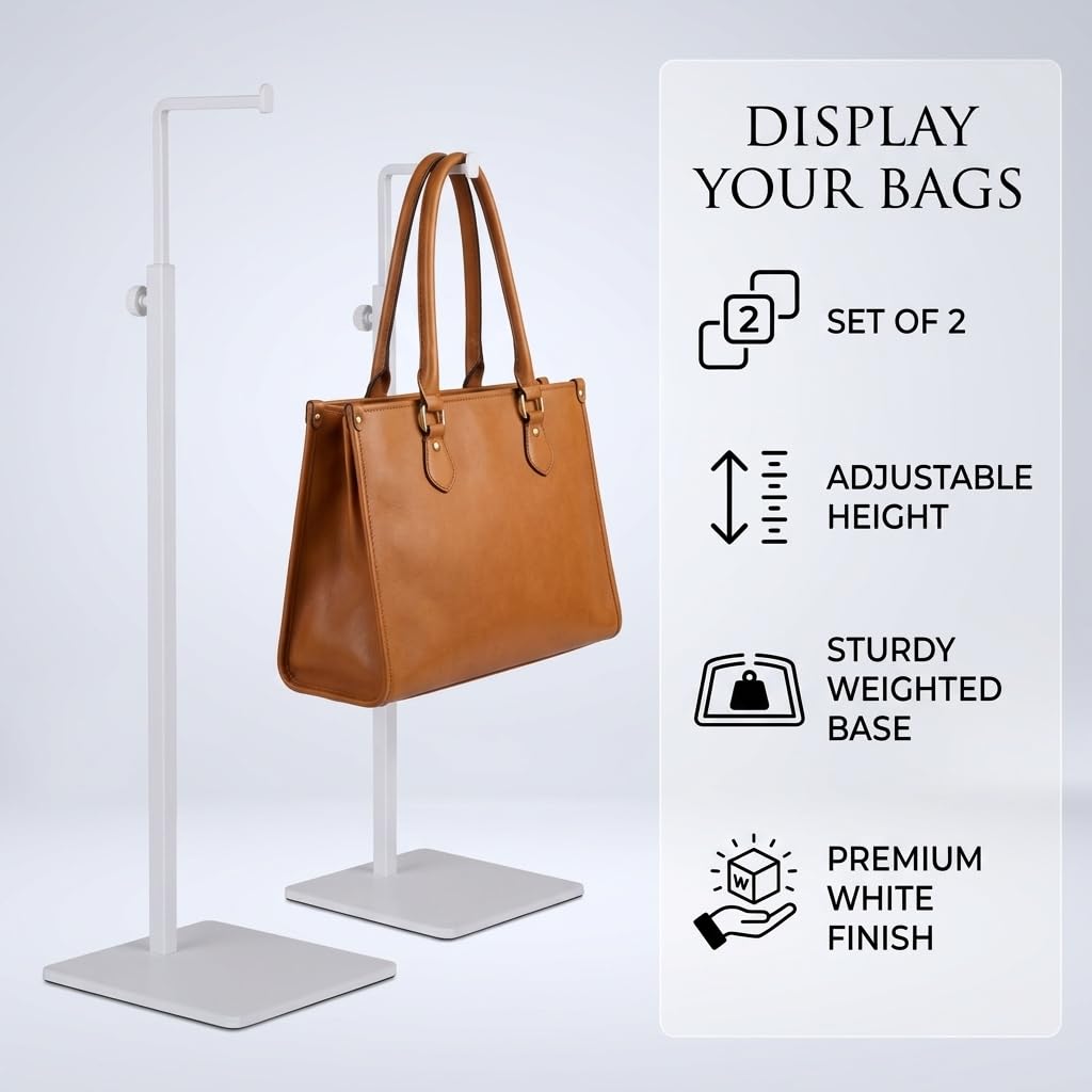 RY DISPLAY 2pack of metal Handbag Rack Display Single Side Adjustable Handbag Display Stand Purse Display Rack (WHITE)