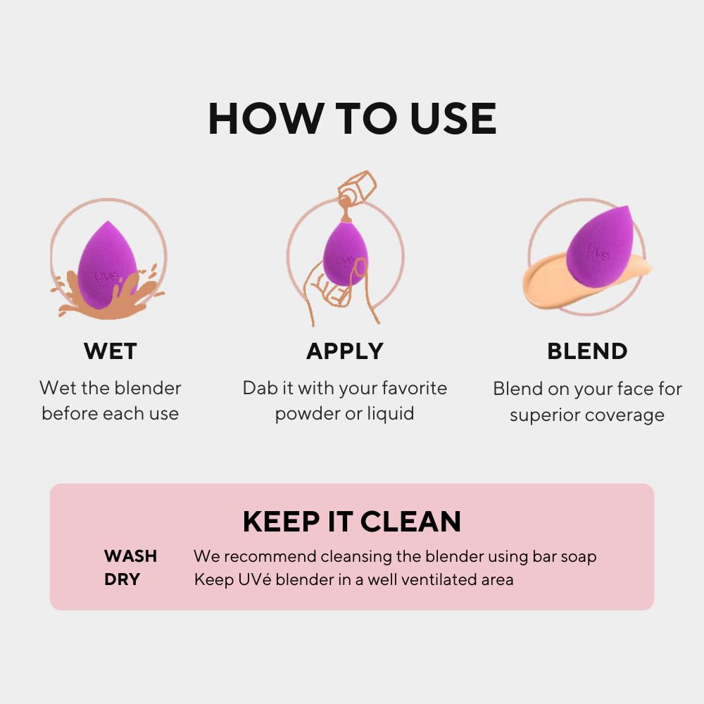 UVé Beauty Sponge Makeup Blender 3 Pack - Violet Makeup Sponges for Blending Foundations, Powders & Creams - Concealer Applicator Offers Full Coverage Vegan & Cruelty-Free Stays Clean Longer