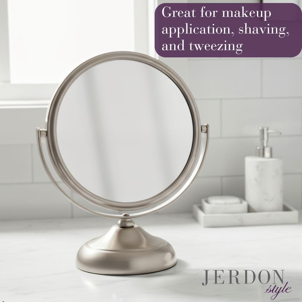 Small Tabletop Magnifying Mirror - 5.5” Diameter Mirror with 5X-1X Magnification - Nickel Finish - Model MC247N