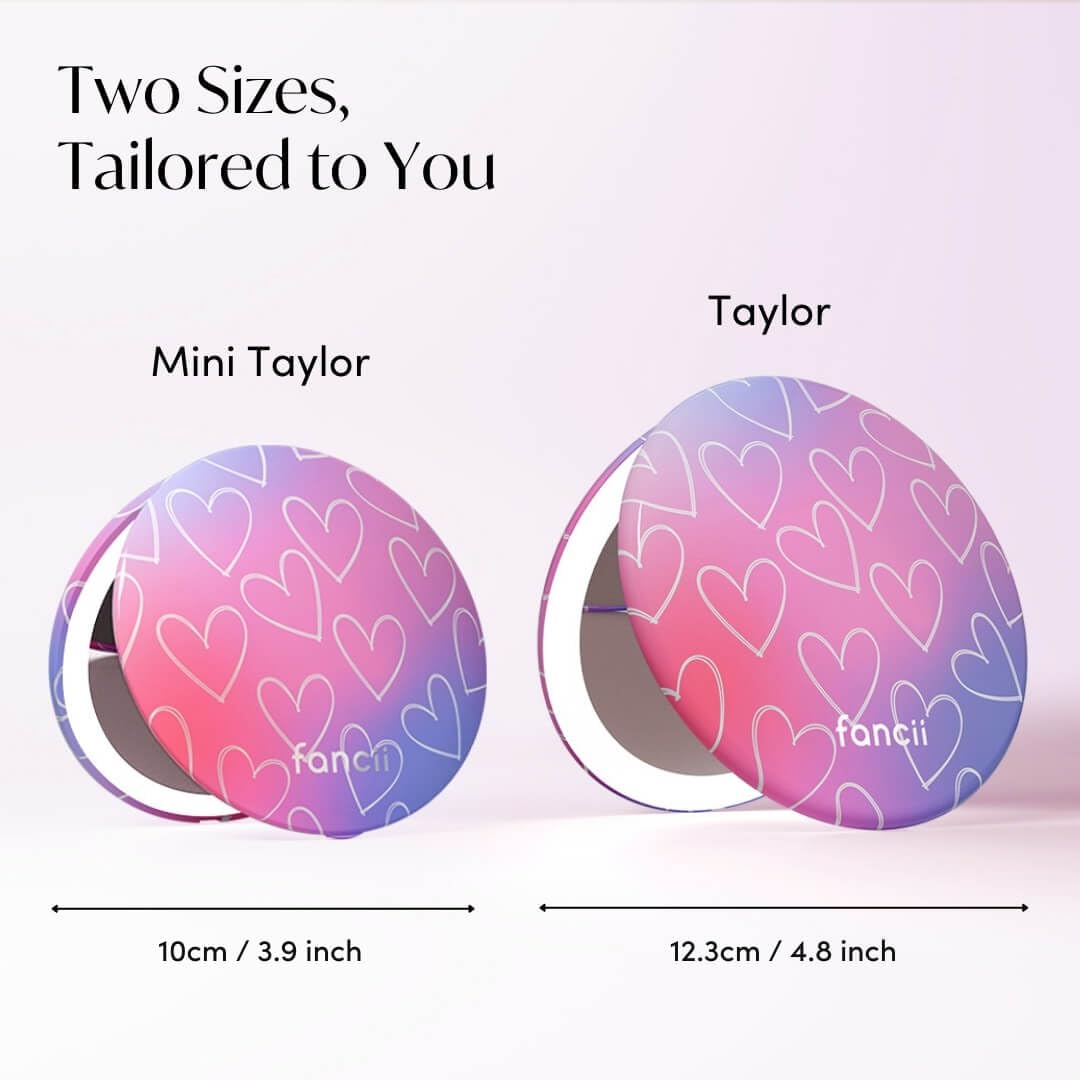 Fancii Mini Taylor Compact Magnifying Mirror with LED Light, 10x/1x, Rechargeable, 3 Light Settings, Dimmable - Small Lighted Travel Handheld Mirror for Pocket, Handbag, Purse, 2-Sided (Lovestruck)
