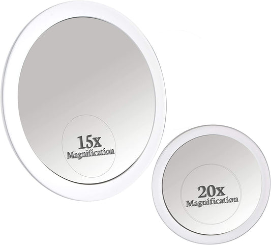 MIRRORVANA 20X & 15X Magnifying Mirror Set with 3 Suction Cups Each - Compact & Travel Ready Mirror for Makeup - Sizes: 6" and 4" Wide