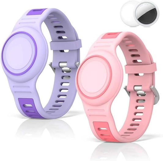 2-Pack Bracelet Compatible with AirTag for Kids, Waterproof Airtag Bracelet Full Coverage Protective Case Design Soft Silicone Hidden Air Tag Holder for Toddler Child Elderly (Pink+Purple)