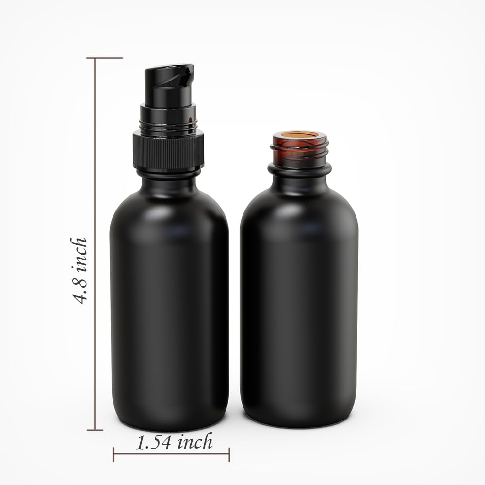 Jagolain 12Pack 2oz Black Glass Pump Bottles, 60ml with Black Pump, Empty Refillable Travel Small Container For Lotion Cream Essentil Oil Shampoo (60mlpumpBLK)