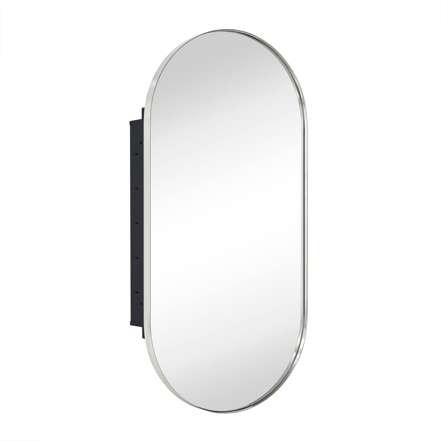 EGHOME Brushed Nickel Oval Recessed Bathroom Medicine Cabinet with Mirror Stainless Steel Metal Framed Oblong Pill Shaped Bathroom Cabinet with Mirror 16x33''