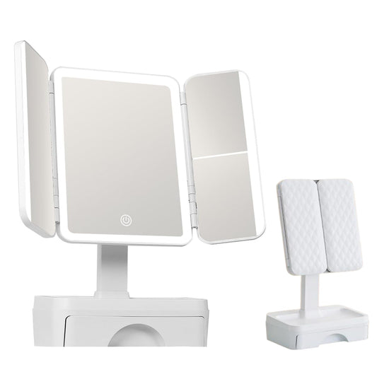 ZXCFBEA Tri Fold Lighted Makeup Mirror with Storage & 3X Magnification, Small Vanity Mirror, 3-Color Dimmable LED Vanity Mirror, Touch Control Vanity Mirrors, Travel Makeup Mirror for Women (White)