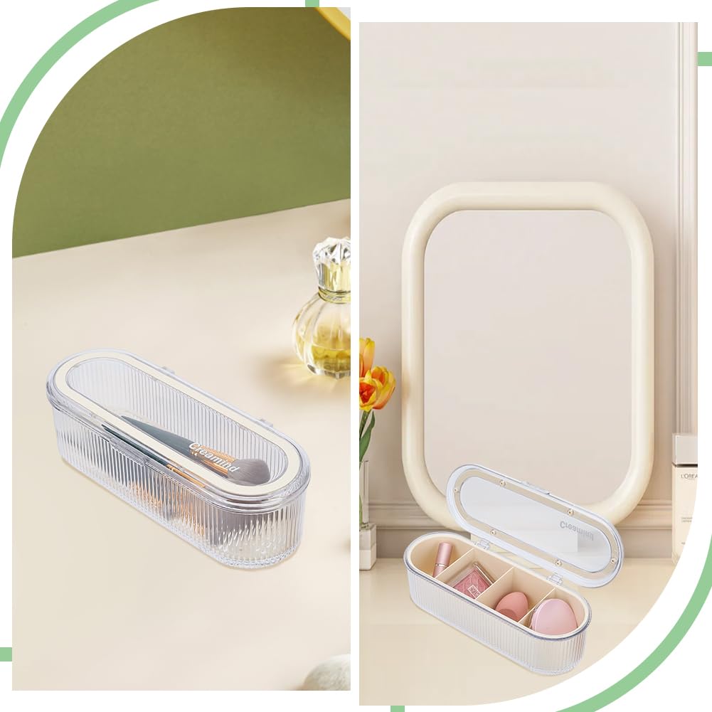 GOMAKERER 2 Pcs 2 Styles Makeup Brush Holder, Clear Makeup Sponges Organizer with Lid for Vanity, Bathroom & Countertop, 10.6 x 3.7 x 3.2 Inch