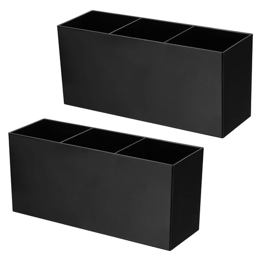 PATIKIL 3 Compartments Clear Acrylic Pen Holder, 2 Pack Pencil Holder Pen Organizer Pencil Cup Makeup Brush Holder Square for Countertop Desk, Black