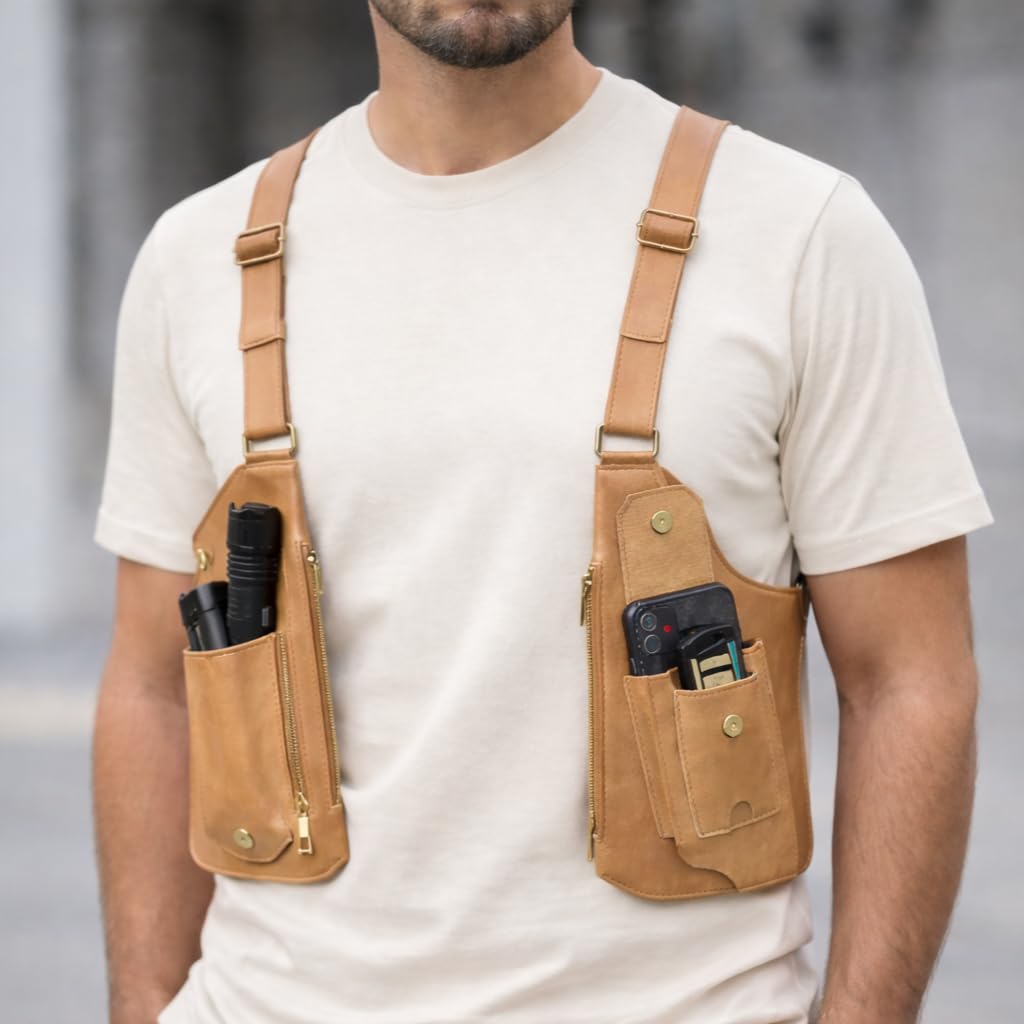 Double Shoulder Armpit Bag, Underarm Anti-Theft Crossbody Pouch, Dual Side Chest Pack, Multi-Pocket Phone Wallet Organizer (Light Brown)