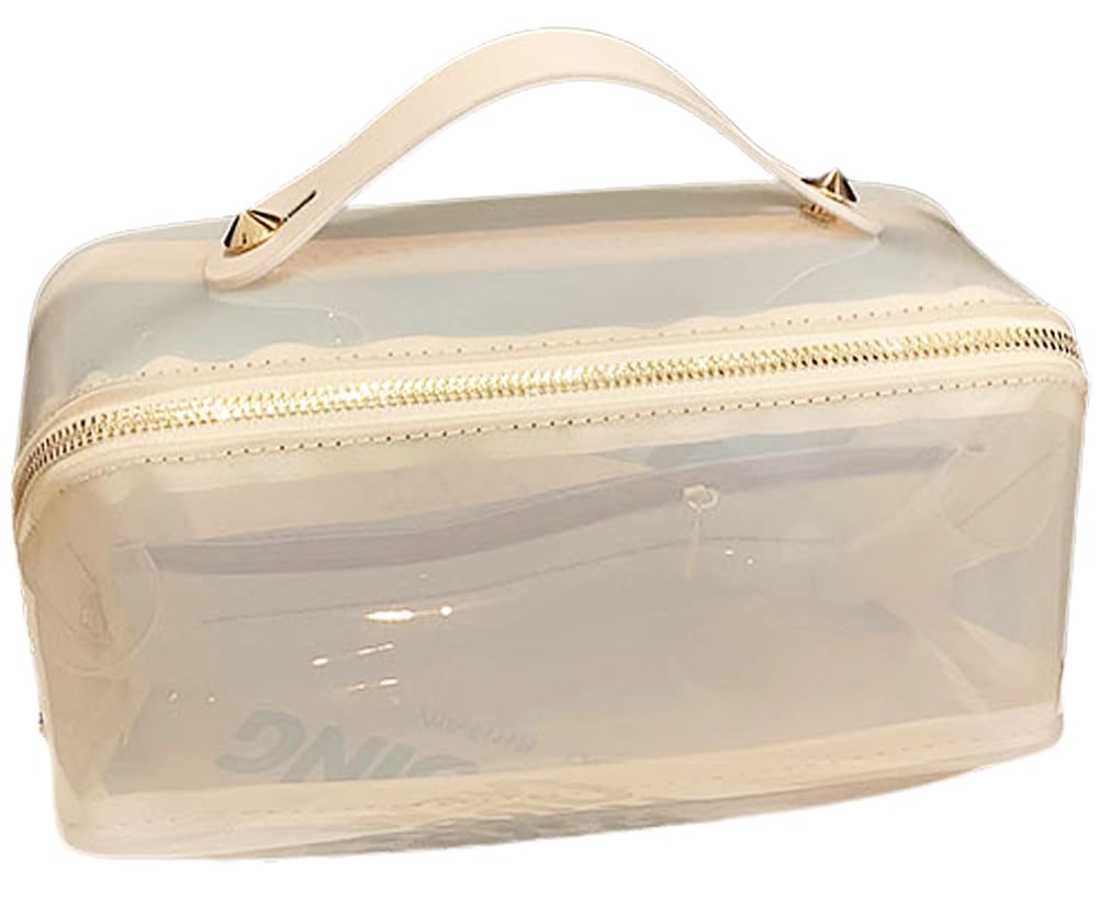 EURYNOME Clear Makeup Organizer Bag Semi Transparent Travel Makeup Bag Leather Handle Clear Cosmetic Bag with Zipper, Portable Cosmetic Organizer Large Makeup Bags for Women (white)