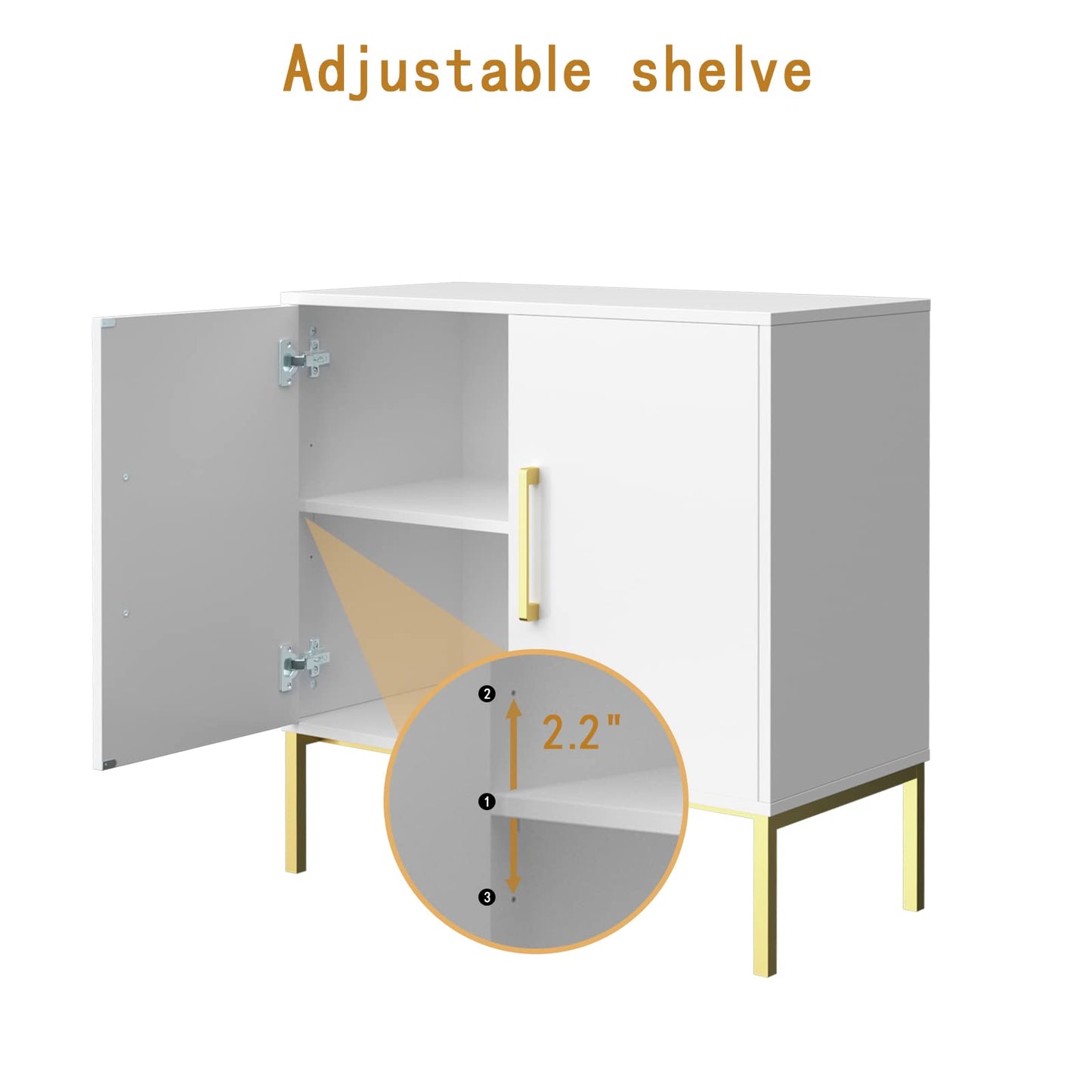 JOZZBY Buffet Sideboard Cabinet with Storage, Modern Wooden Cabinet with Adjustable Shelves, White and Gold Cabinets for Living Room, Kitchen, Hallway