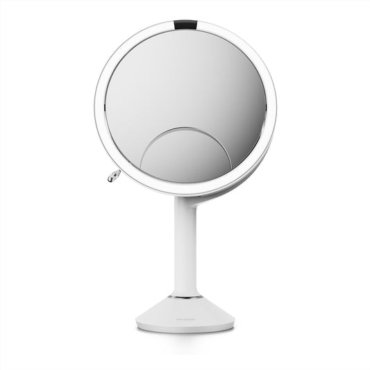 simplehuman Sensor Mirror Trio, 1X 5X 10X Magnification, Round Rechargeable Beauty Makeup Mirror, Tru-Lux® Full-Spectrum Light, Dual Light Settings, Adjustable Brightness, White Steel
