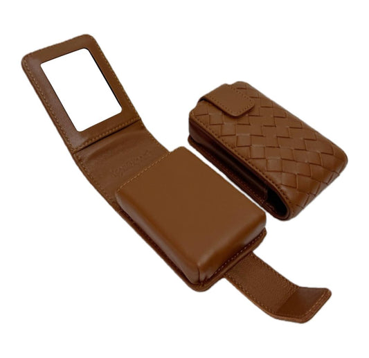 AgentMoon Luxury Handheld Lipstick Pouch with Mirror,Genuine Leather Lip Balm Case with Clamshell Magnetic Hidden Clasp and Hook for Chain.Portable Travel Cosmetic Case for Women.(Light Brown Woven)