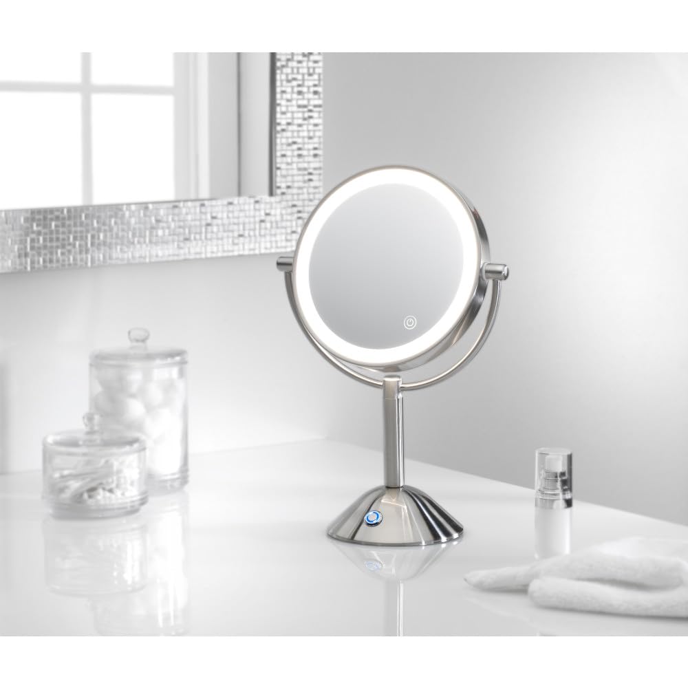 Tosca 8" LED Vanity Mirror with Lights, Brushed Nickel Tabletop Makeup Mirror, 1X/5X Dual-Sided Magnification, 3 Color Modes, Dimmable Touch Control, 1400 Lumen, CRI 90, AC Powered, Model 76-300-BN