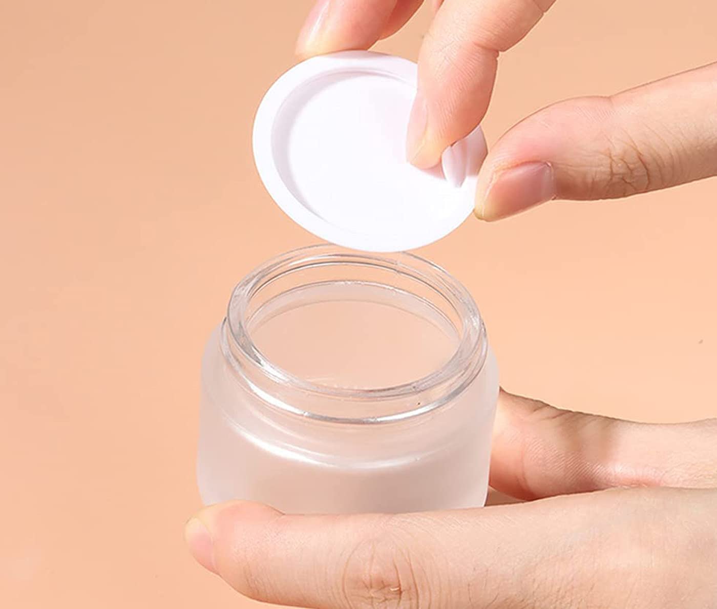Healthcom 50 Gram/50 ml Empty Sample Jars Round Frosted Glass Bottle Cosmetic Cream Jar Wood Grain Lid Cosmetic Container Glass Cream Box Refillable Cream Pot Jars for Lip Balm Lotion Eyeshadow,4 Pack